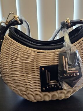 LOULU Cream Woven Shoulder Bag with Black Trim **NEW**